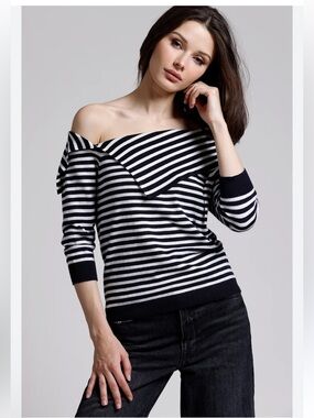 $198 Minnie Rose Cotton Cashmere Striped
Off The Shoulder Top NWOT